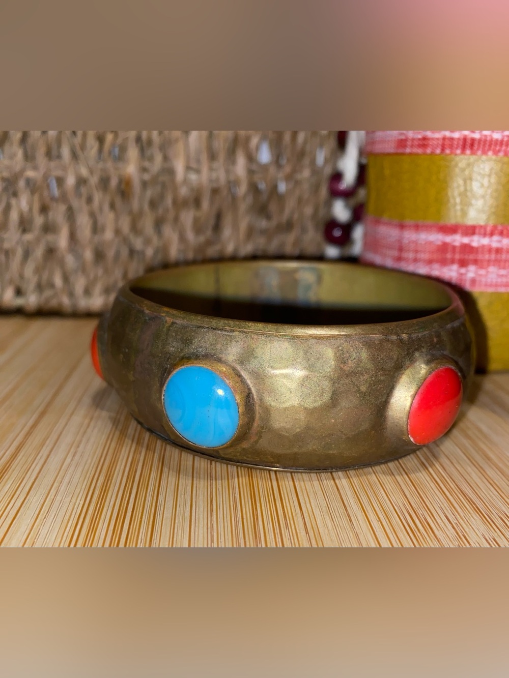 Antique hammered Brass Bangle with Turquoise and Coral Cabochons Made in India